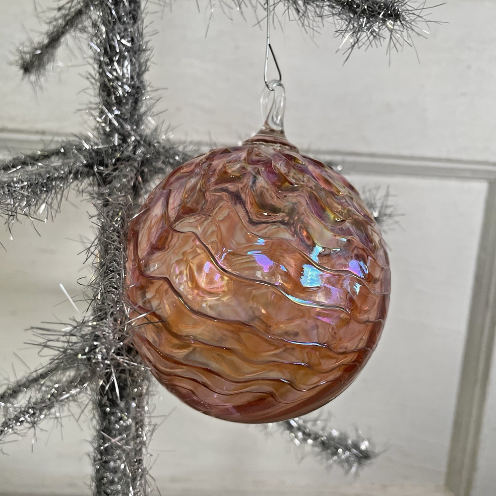 Hanging Art Glass Friendship Ball Ornament Pink Swirl Textured Iridescent Gazing